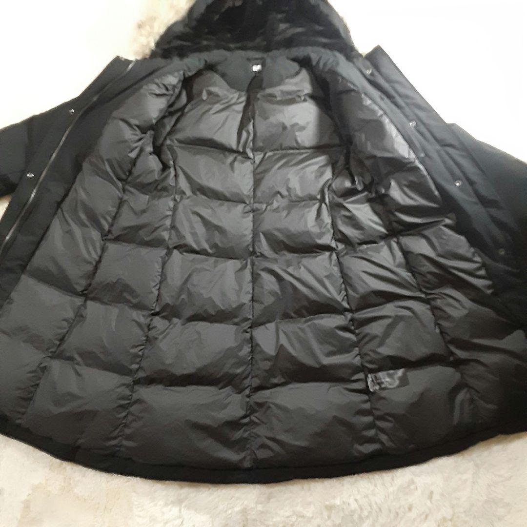 ユニクロ　大きめサイズXL　ダウンロングコート　黒　ファー付フード内ベロア　美品