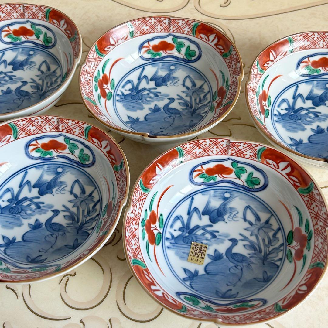 三洋陶器　龍峰窯　つみき　赤絵　染付山水　中鉢揃　5枚セット　小鉢　古伊万里色絵