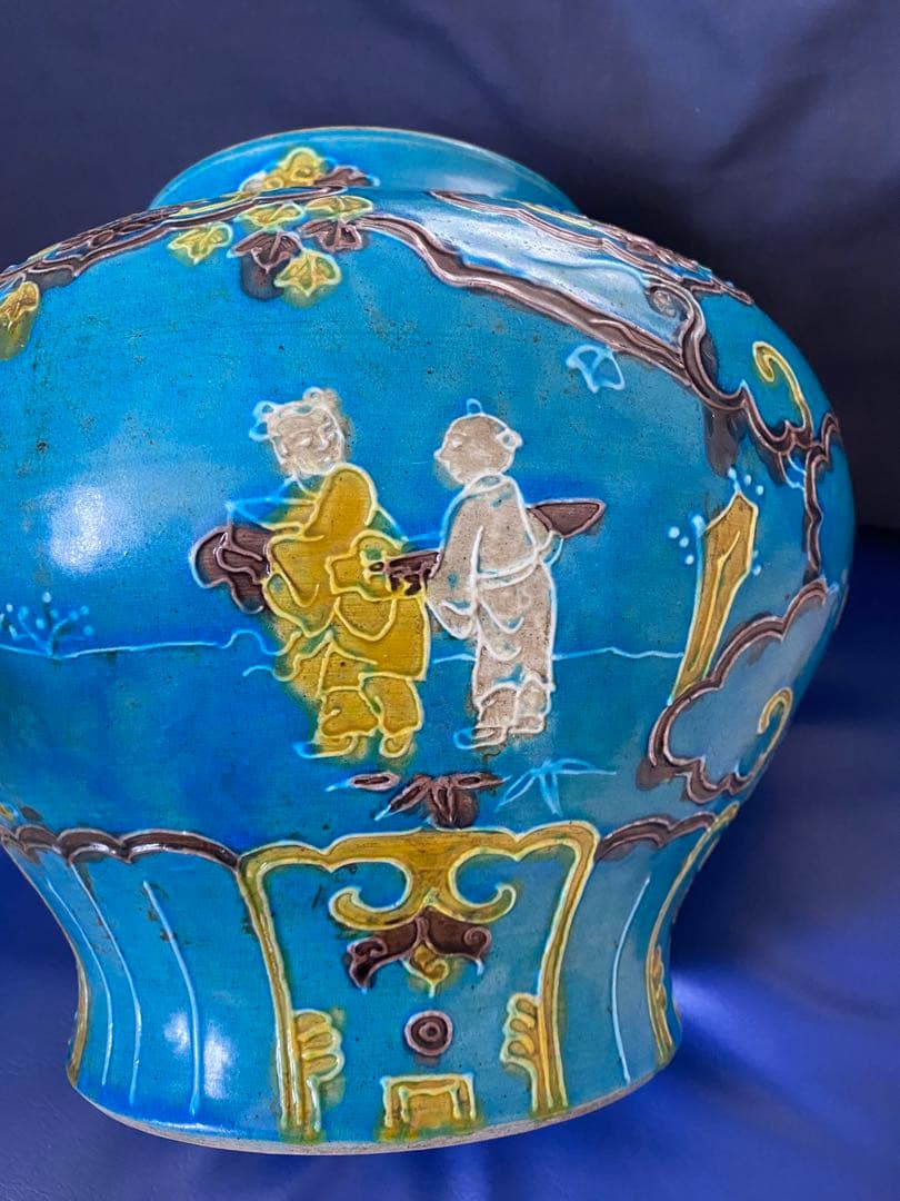 中国明代珐華彩携琴訪友紋大缶サイズ高さ約25cm径30×口16cm