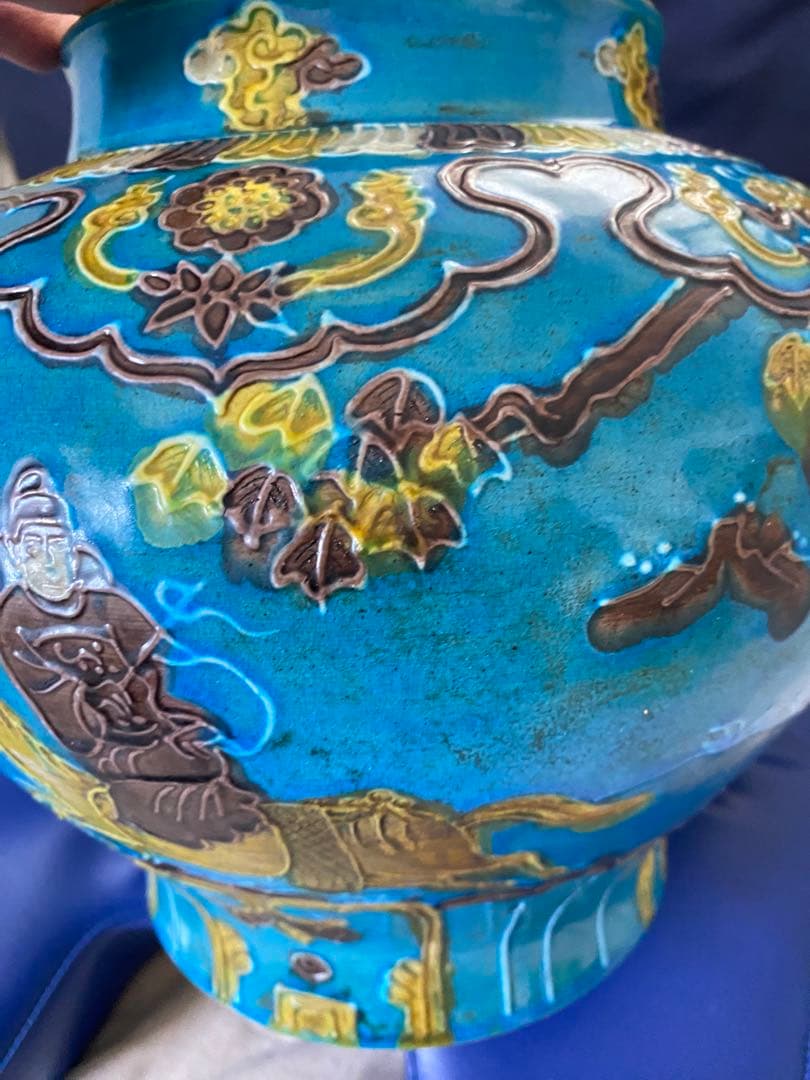 中国明代珐華彩携琴訪友紋大缶サイズ高さ約25cm径30×口16cm