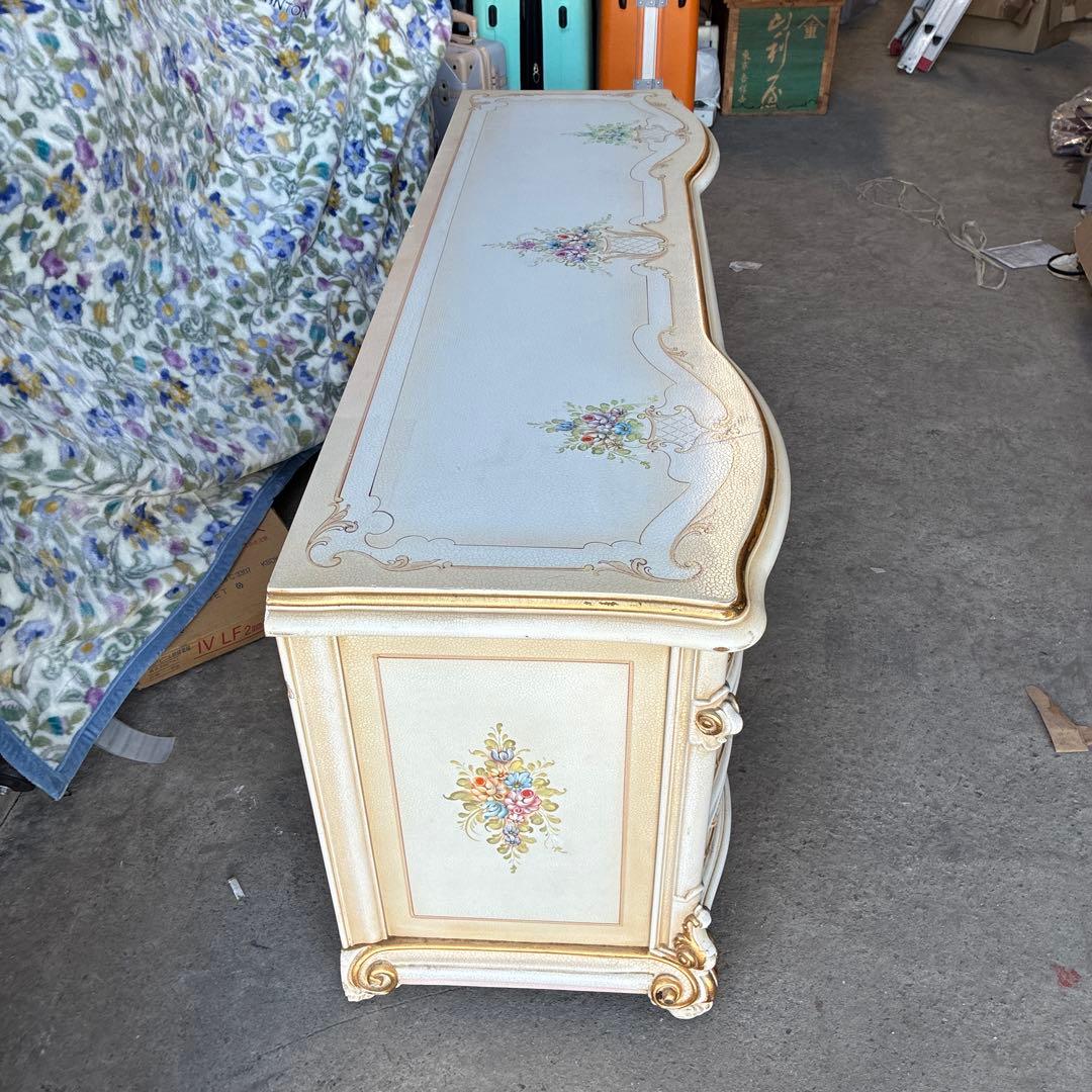 ホワイトキャビネット 花柄装飾 6引き出し