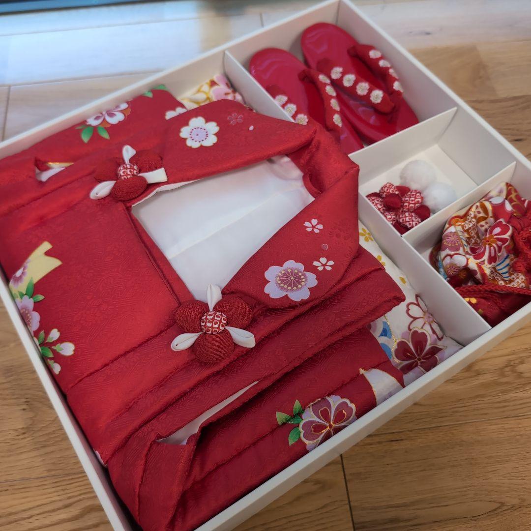 3歳　七五三　赤　花　女の子　花ひめ　6点セット　和装　着物　下駄　髪飾り