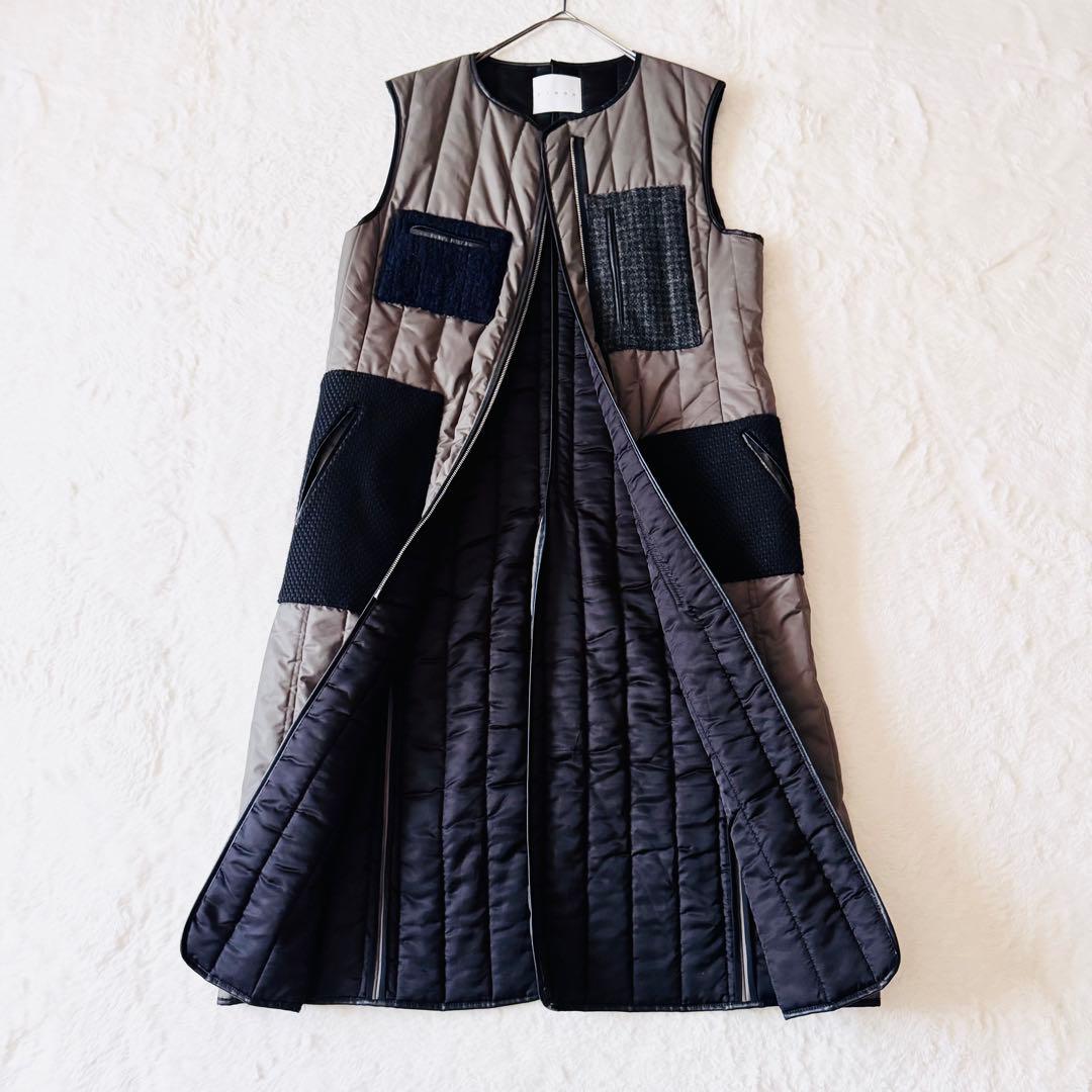 【希少】 チノ キルティングベスト ロング丈 異素材 4ポケット 38 グレー