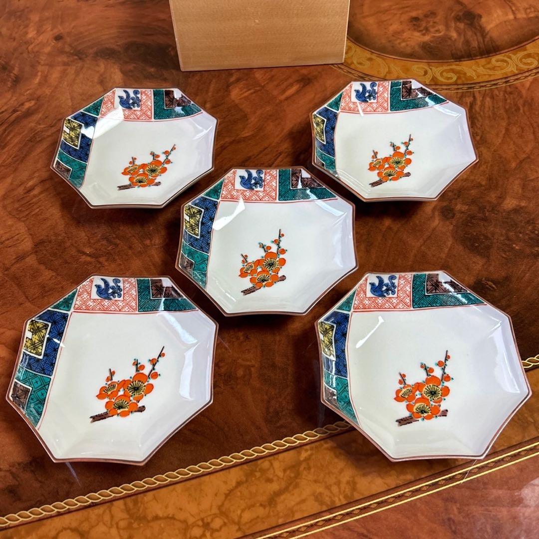 九谷焼　八角皿揃　５枚セット　銘々皿　小皿　豆皿　色絵　青手　赤絵　和食器