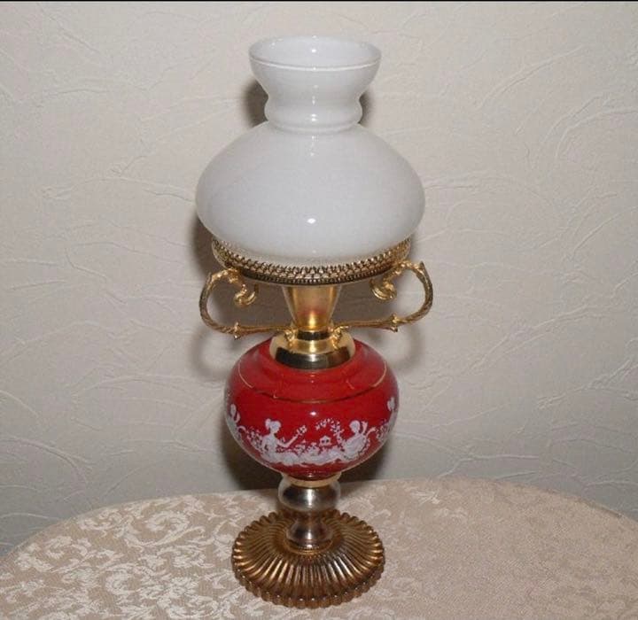 イタリア製 オイルランプ型 スタンドライト 陶器 ミルクガラス 真鍮