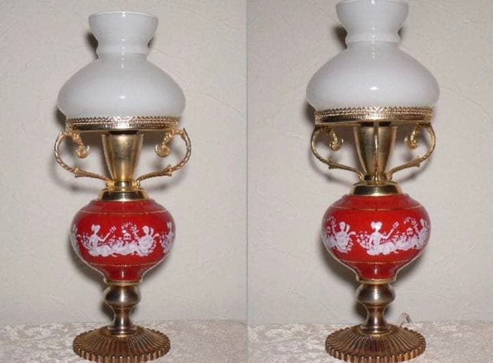 イタリア製 オイルランプ型 スタンドライト 陶器 ミルクガラス 真鍮