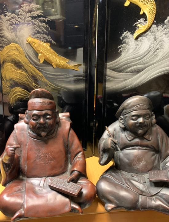 米治一(こめじいち)作 大黒様 算盤恵比寿様 そろばん福神置物 高岡銅器銅像