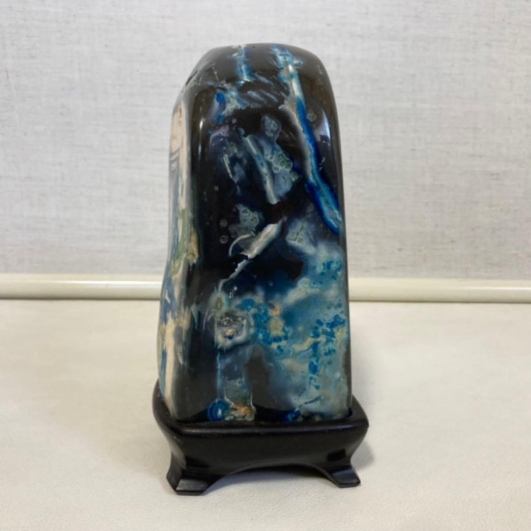 瑪瑙 メノウ 鑑賞石 飾り石 置物 オブジェ 木製 台座付き 青 ブルー レトロ
