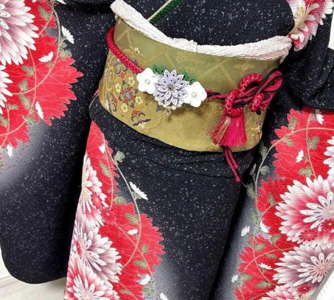 豪華振袖フルセット　菊　花柄 黒 赤 金