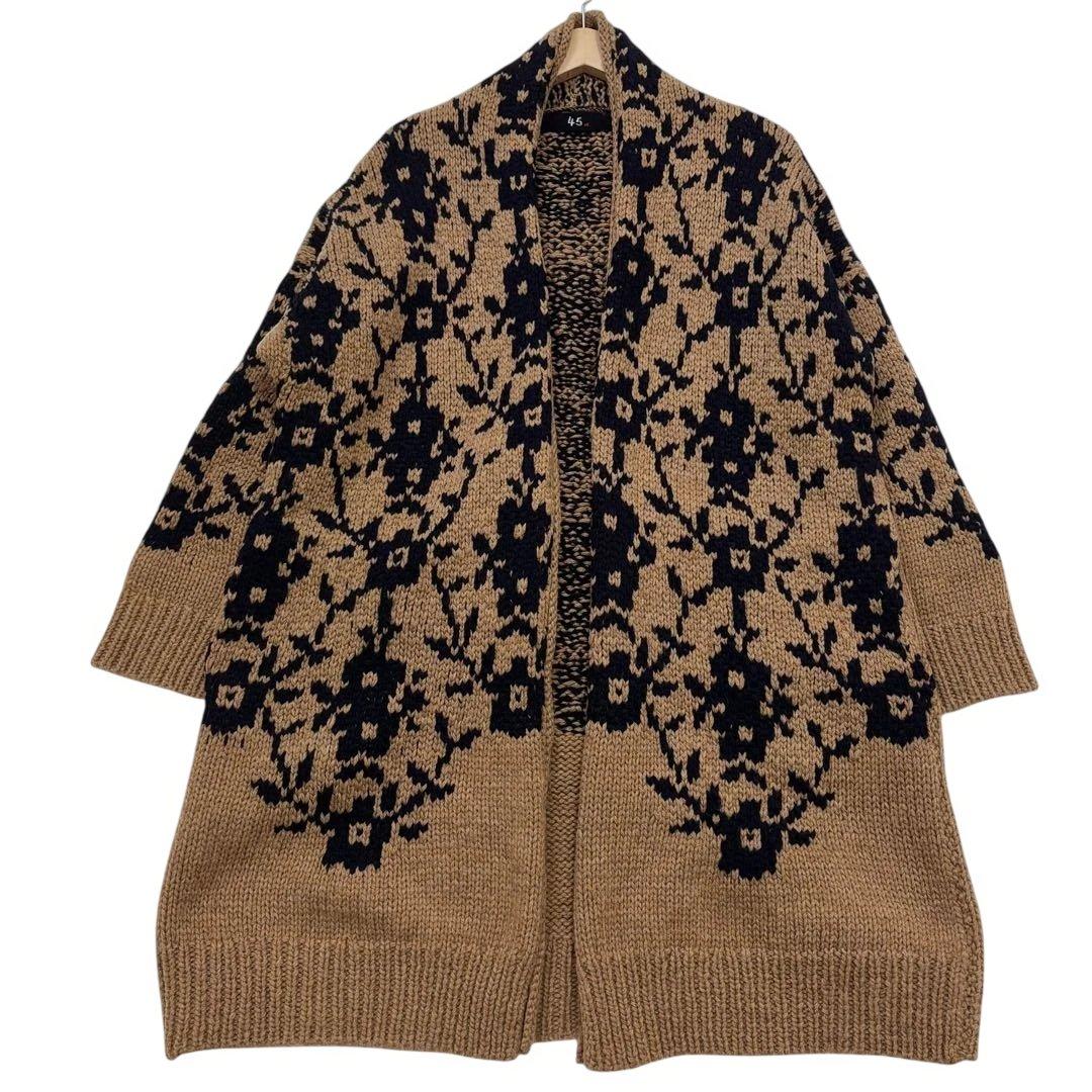 美品 ◎ 45R 手編み ハンドニット カウチン ガウンコート 花柄 ウール