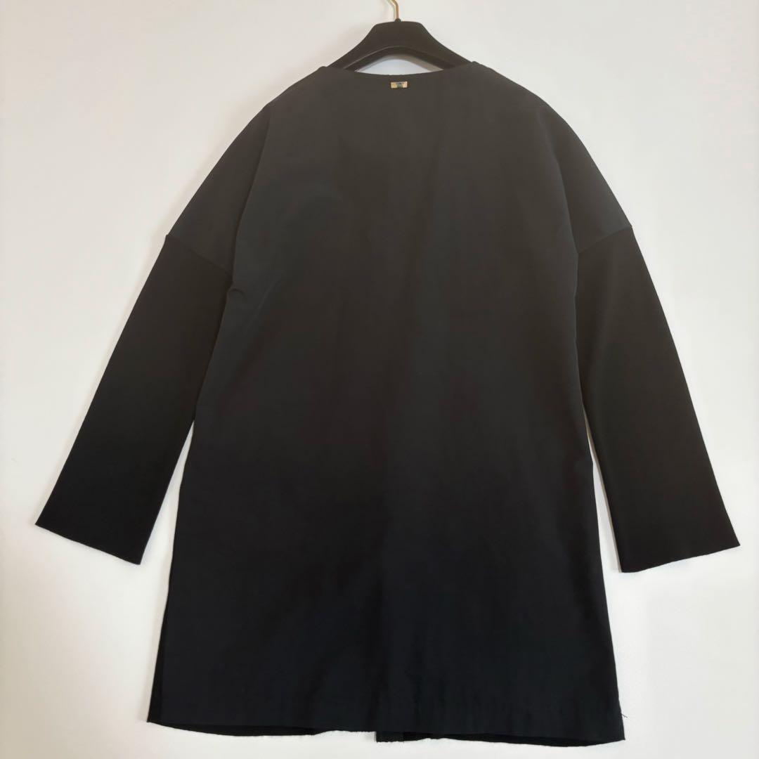 美品☆HERNO ヘルノ ノーカラーコート 異素材切替 ロゴプレート付き