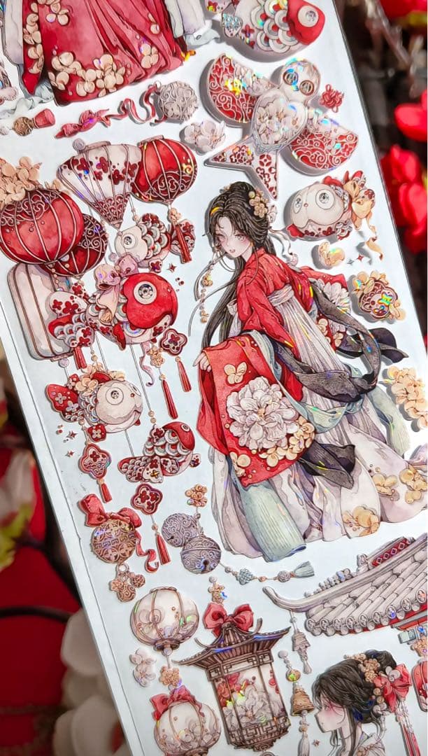 【9401】海外3/5/巻　貝殻光マスキングテープ　獅子先生新作　赤　人物古風系