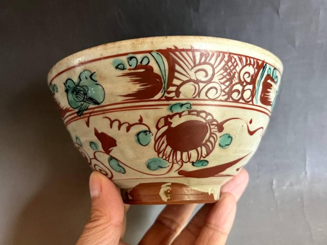 鉢■呉洲赤絵 魅手鉢 赤絵 鳳凰 花鳥紋 ニュウ有 古い大鉢 時代物 骨董品■