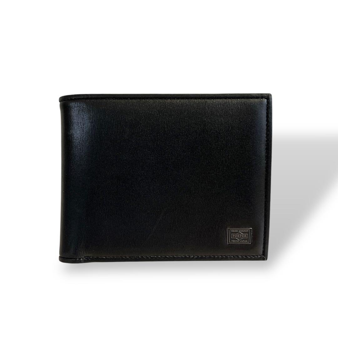ポーター　プリュム　二つ折り財布　ロゴプレート　コンパクトウォレット　レザー　黒