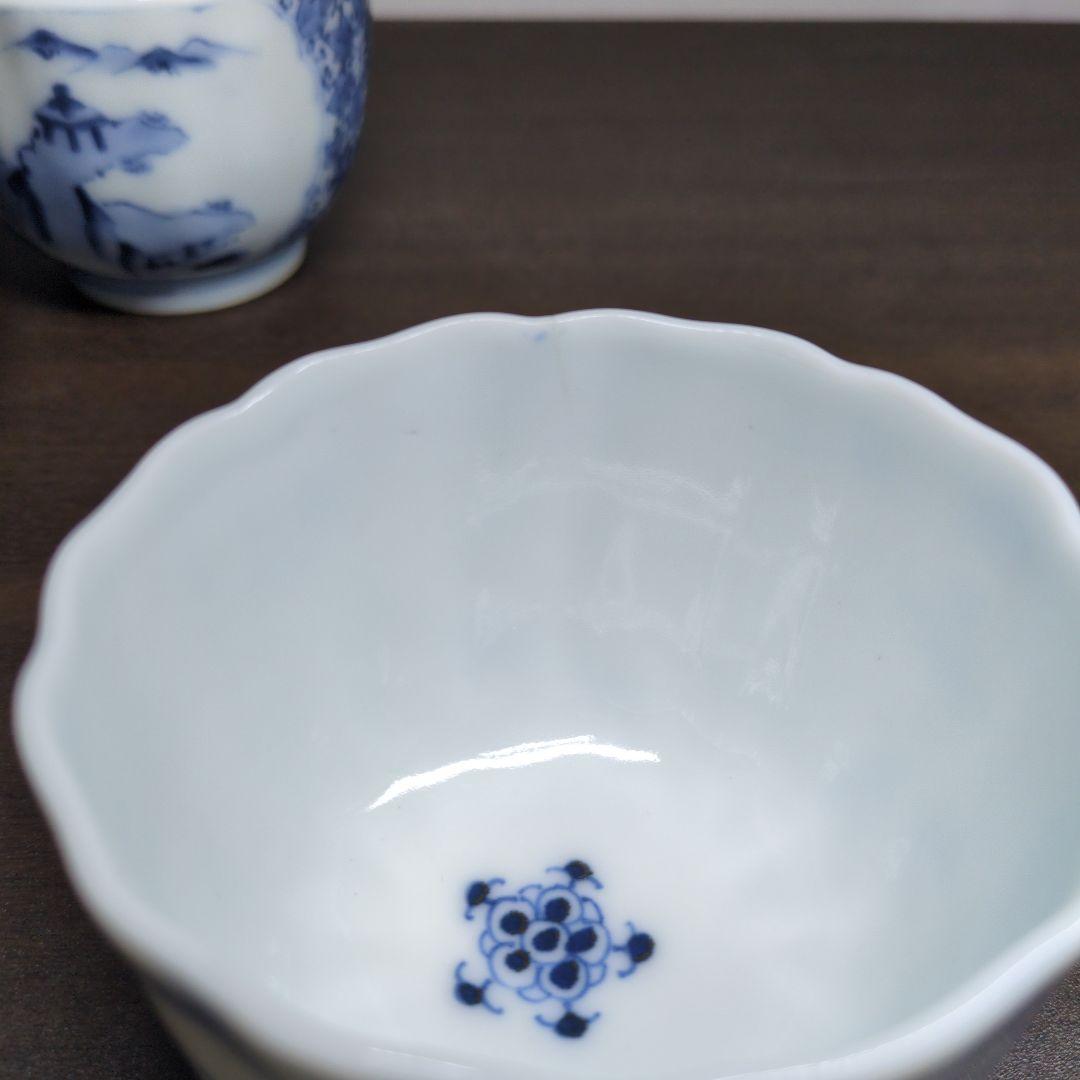 古伊万里 染付 山水花唐草文 輪花口 向付 五客 玄銘有