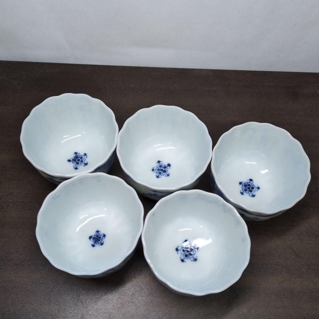 古伊万里 染付 山水花唐草文 輪花口 向付 五客 玄銘有