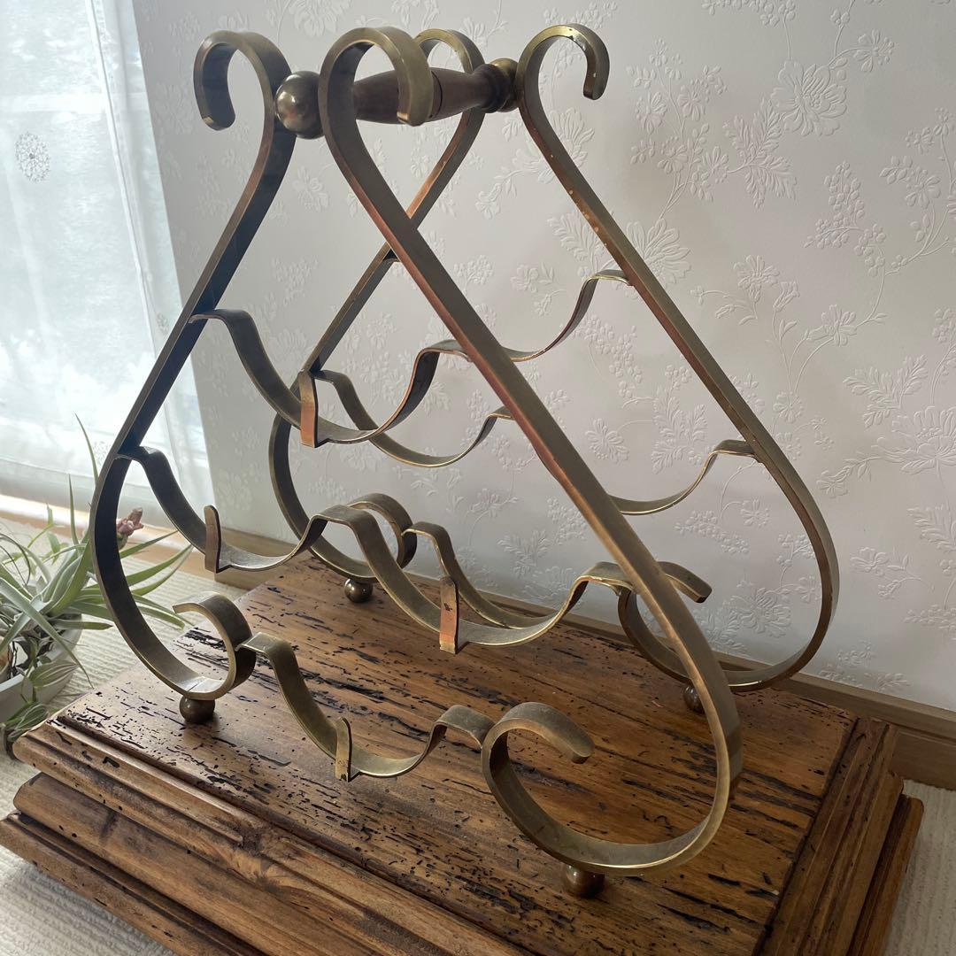 【希少】ビンテージマホガニー/アンティーク 真鍮ワインラック 置物 天然木