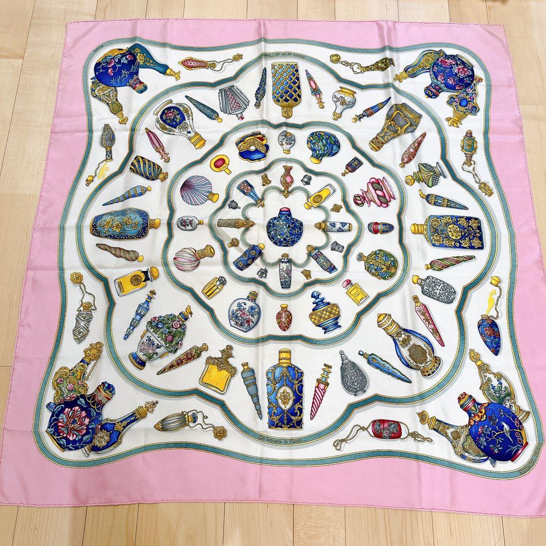 HERMES エルメス カレ90 香水瓶 シルク スカーフ ピンク