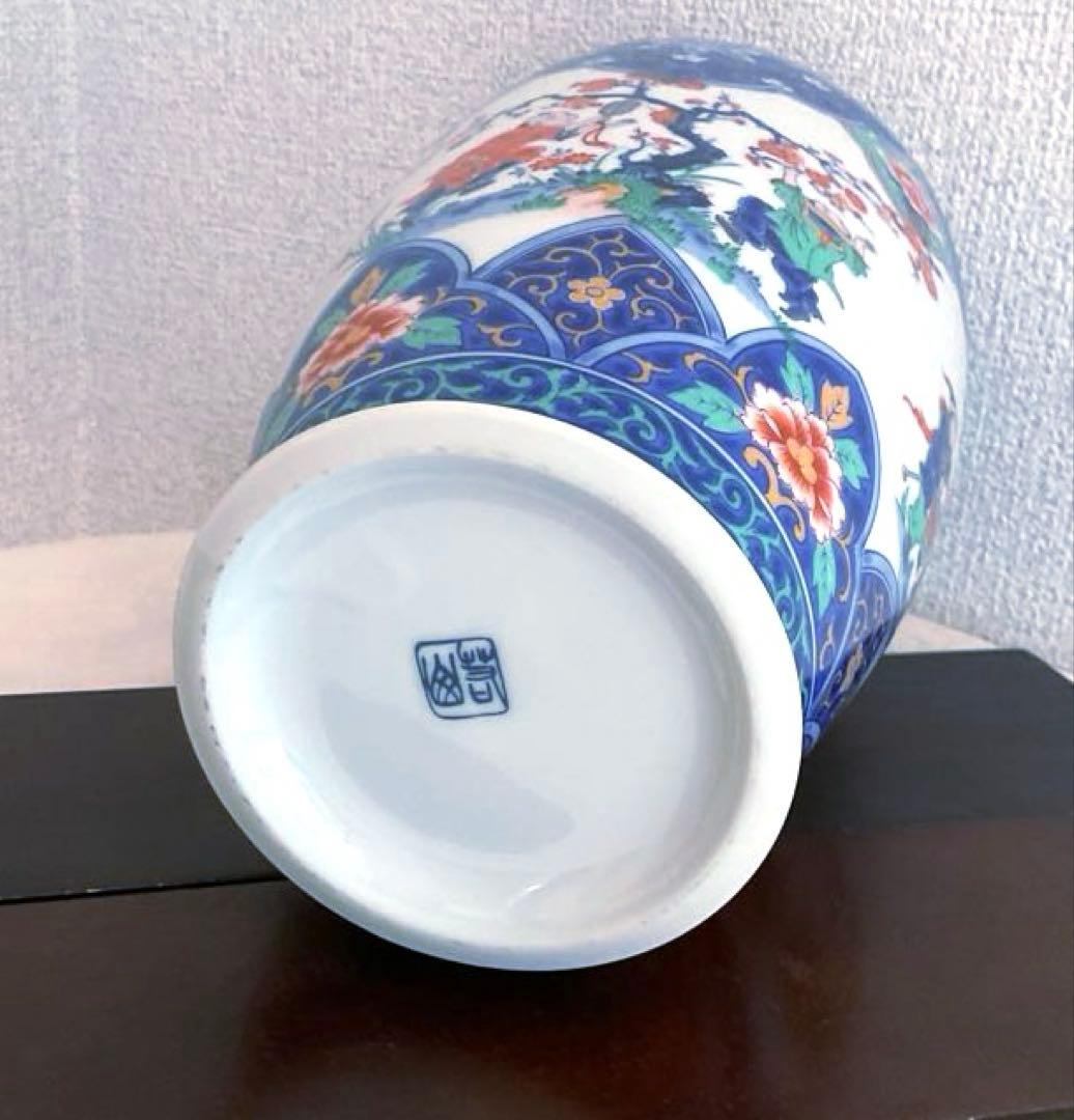 【新品】若山窯　唐絵柄陶器花びん 昭和レトロ 唐絵 骨董 手描き花瓶 置物
