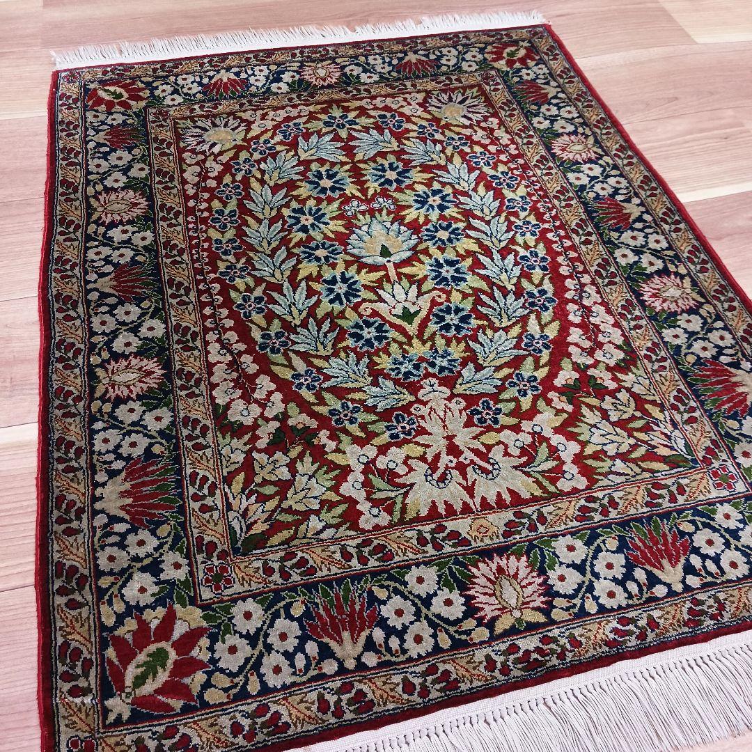 Y3347 中国シルク絨毯 シルク100% 手織り240段 85×68㎝