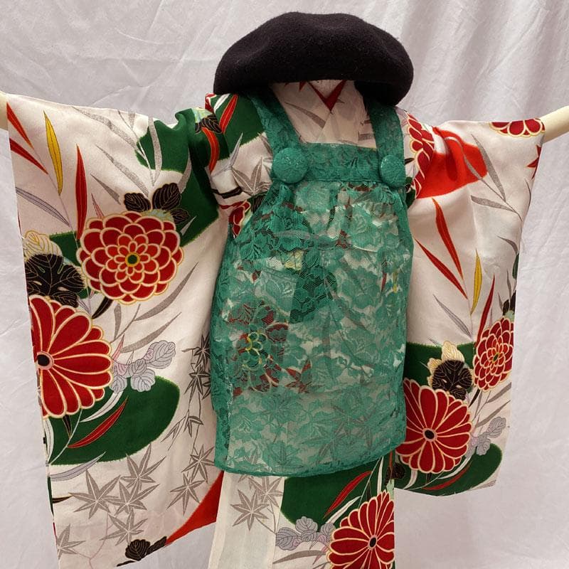 511ag27◎七五三 三歳 女の子 セミアンティーク着物&被布 レトロ 白◎