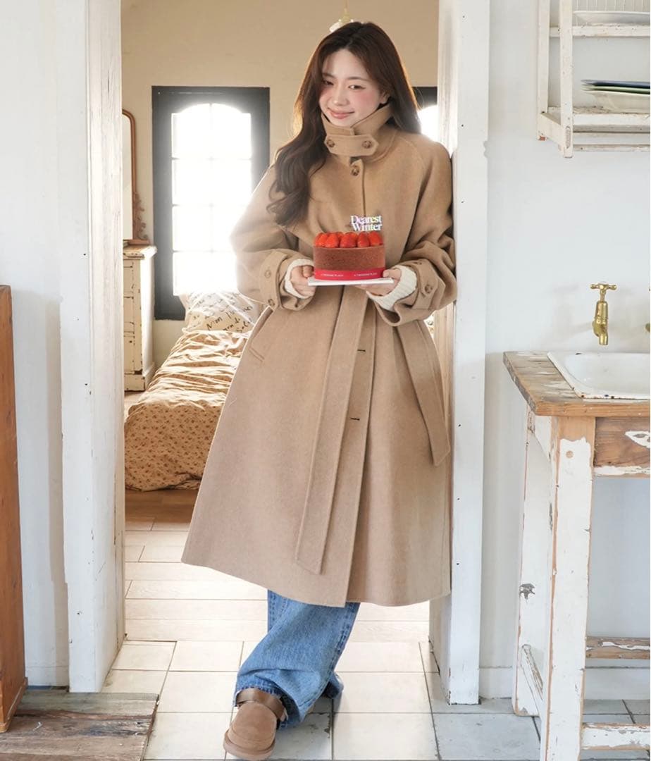 韓国ブランド lingseoul ハンドメイド ウールトレンチコート キャメル