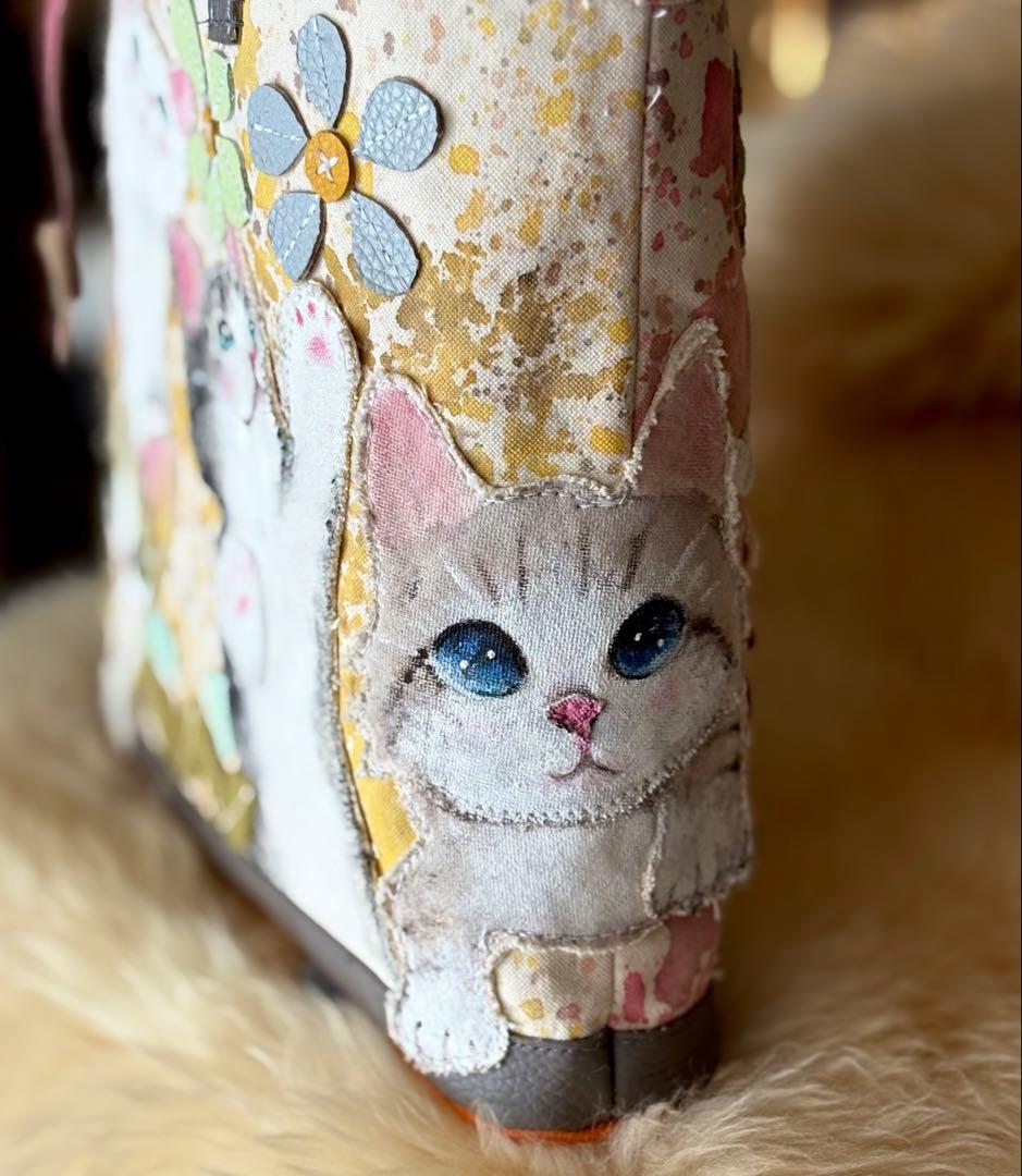 (手づくり)\"いろんな子たち\"ねこイヌアップリケトートバッグネコわんちゃん