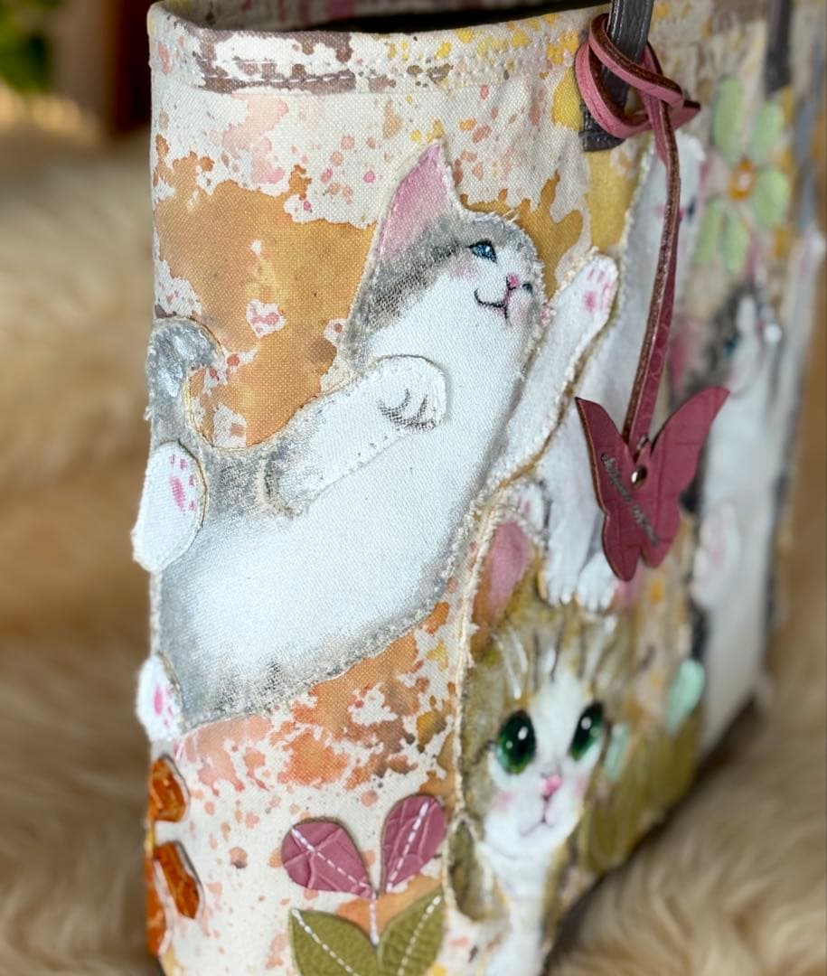 (手づくり)\"いろんな子たち\"ねこイヌアップリケトートバッグネコわんちゃん