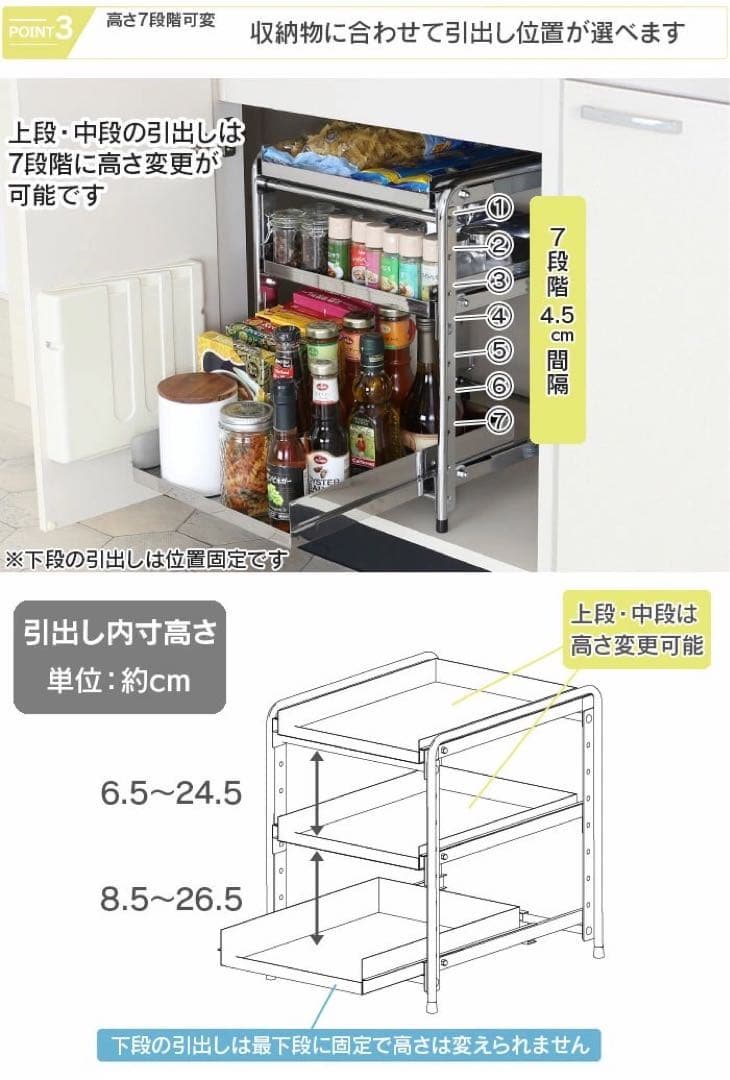 シンク下 収納 スライド ラック 3段 燕三条製　ステンレス