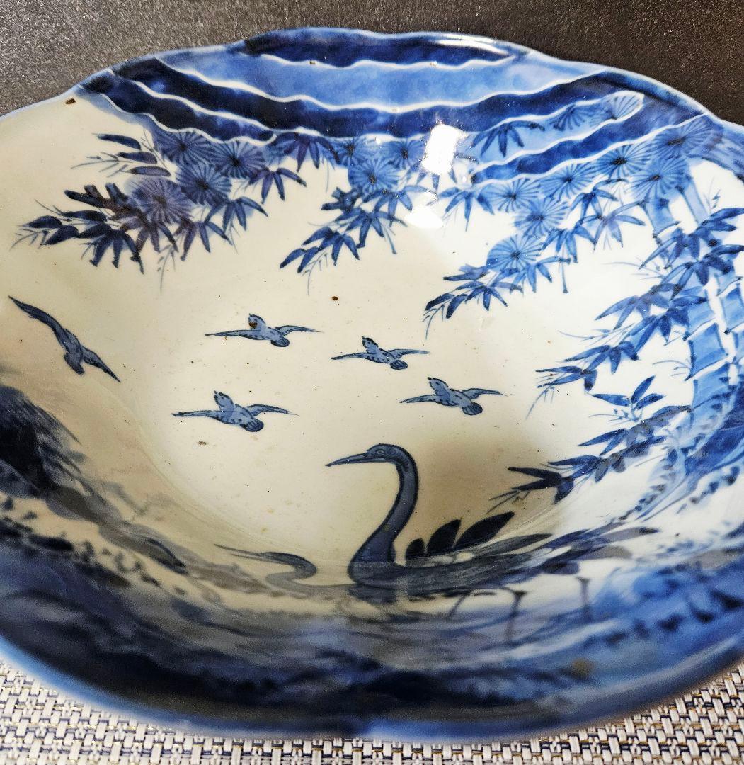 江戸時代後期　古伊万里　染付　鶴に小鳥に 松竹の図　27.8cm　大鉢　盛り器