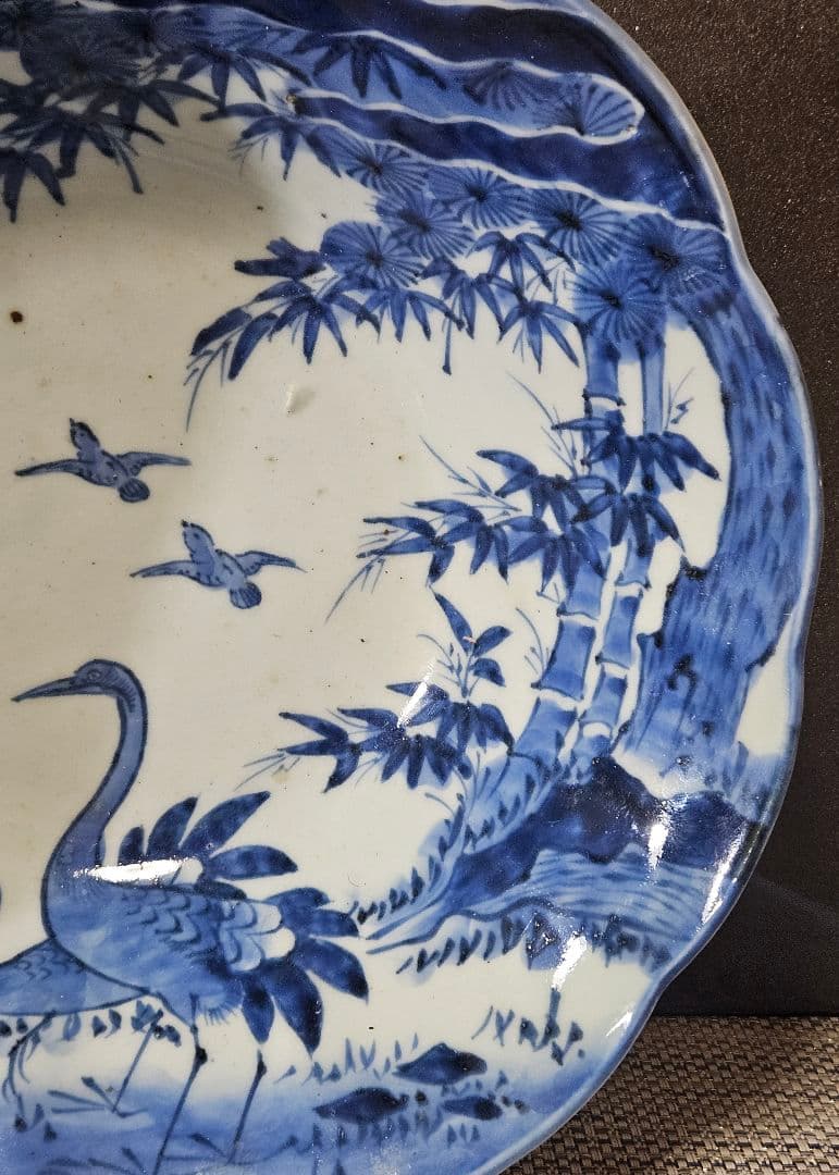 江戸時代後期　古伊万里　染付　鶴に小鳥に 松竹の図　27.8cm　大鉢　盛り器