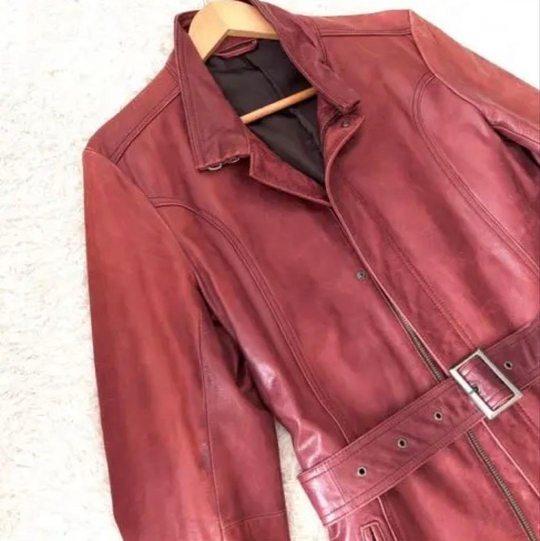 ジャケット・アウター TornadoMart Red Leather Belted Long Coat