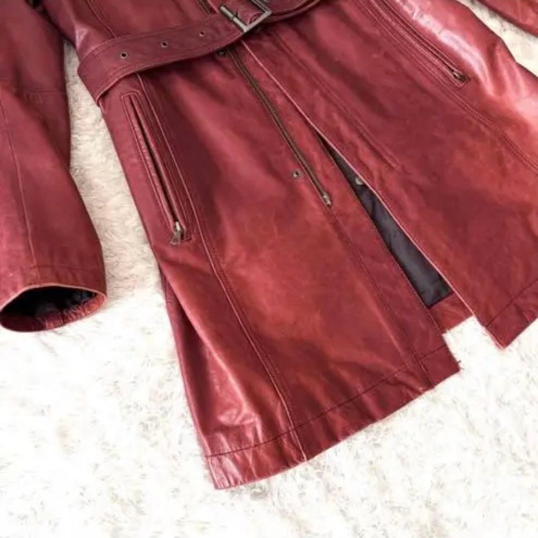 ジャケット・アウター TornadoMart Red Leather Belted Long Coat