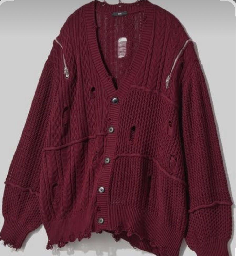 売り切り　新品　HARE バーガンディ ケーブルニットカーディガン　ダメージ