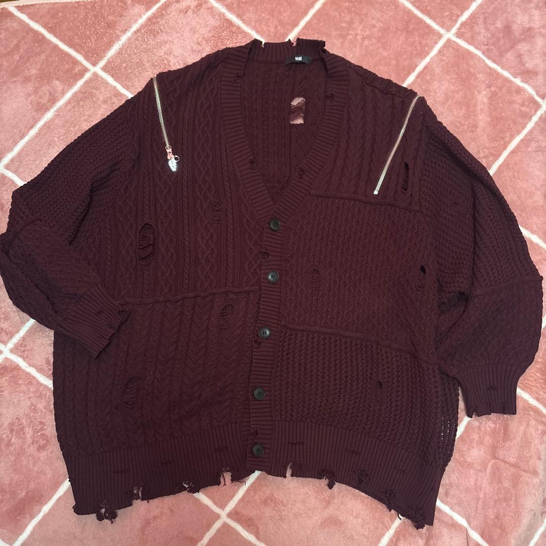 売り切り　新品　HARE バーガンディ ケーブルニットカーディガン　ダメージ