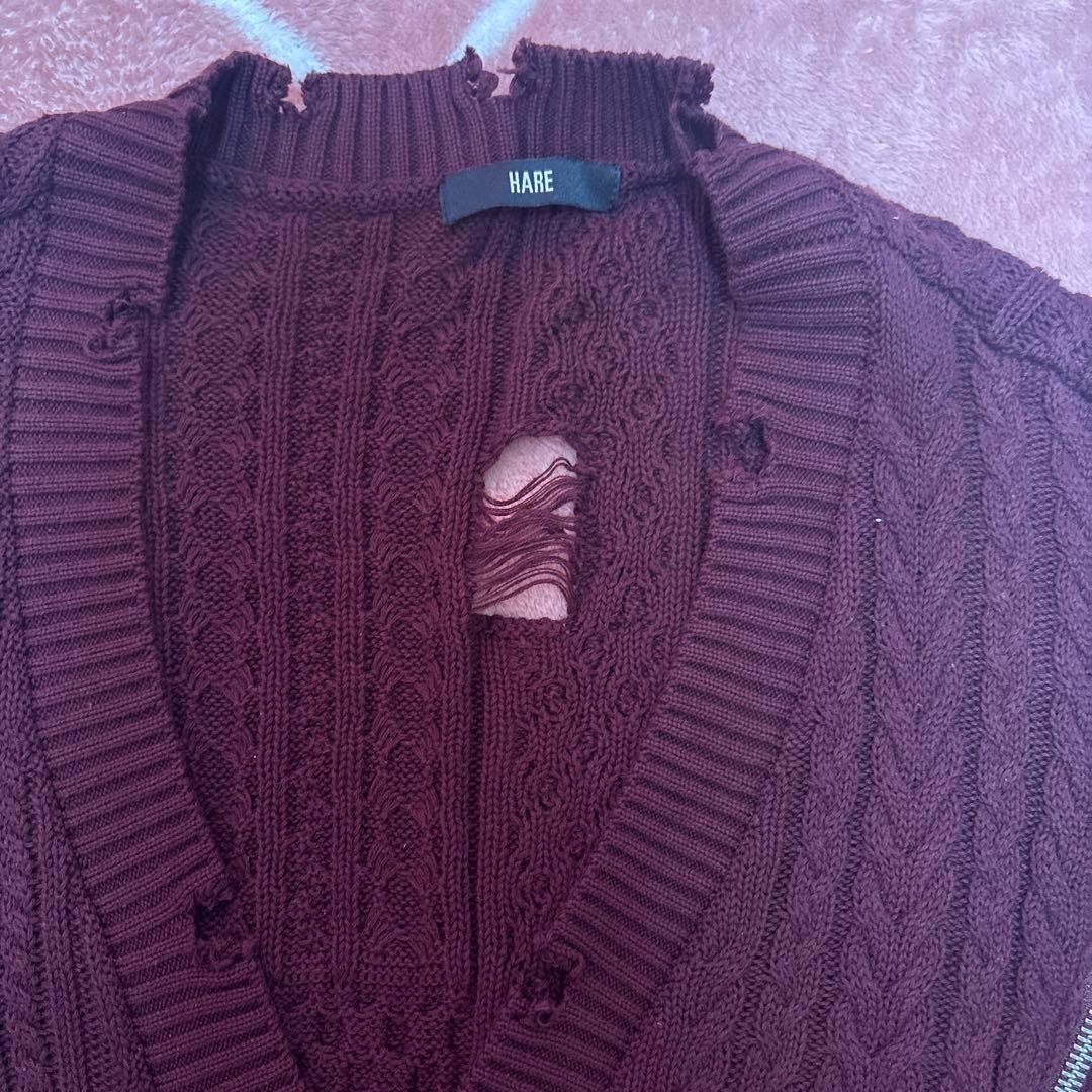 売り切り　新品　HARE バーガンディ ケーブルニットカーディガン　ダメージ