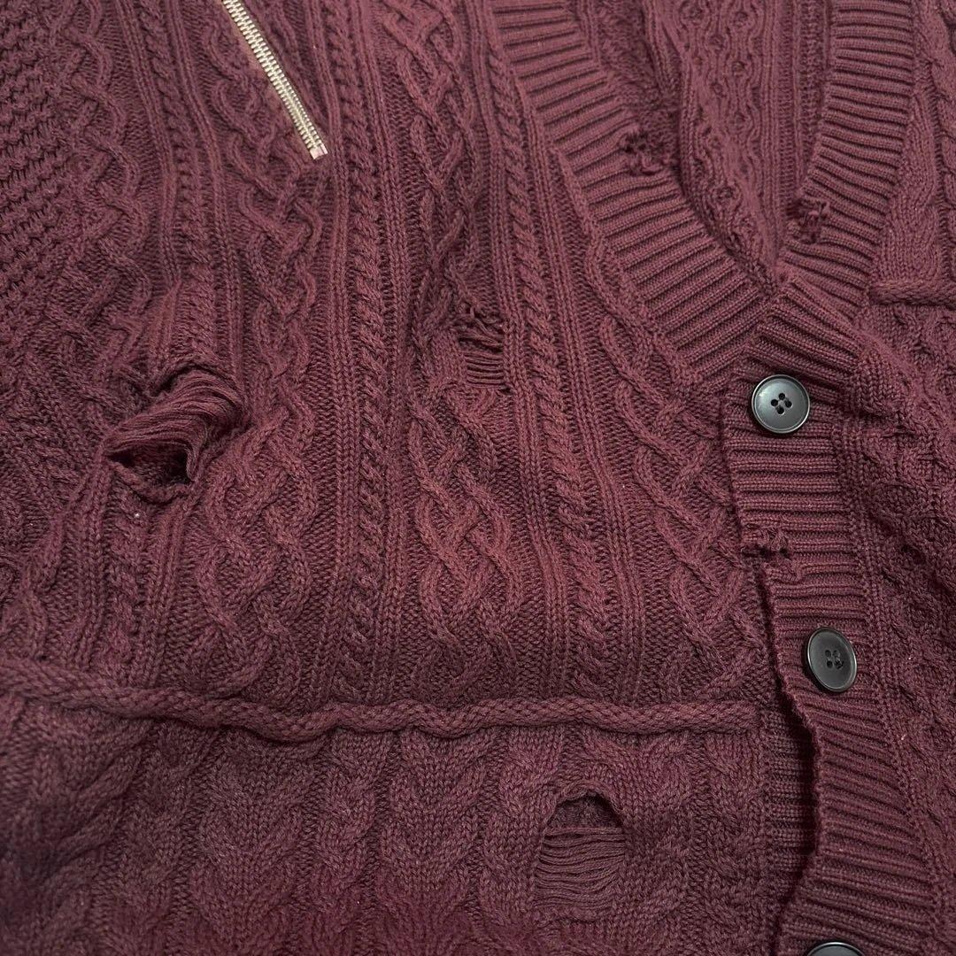 売り切り　新品　HARE バーガンディ ケーブルニットカーディガン　ダメージ