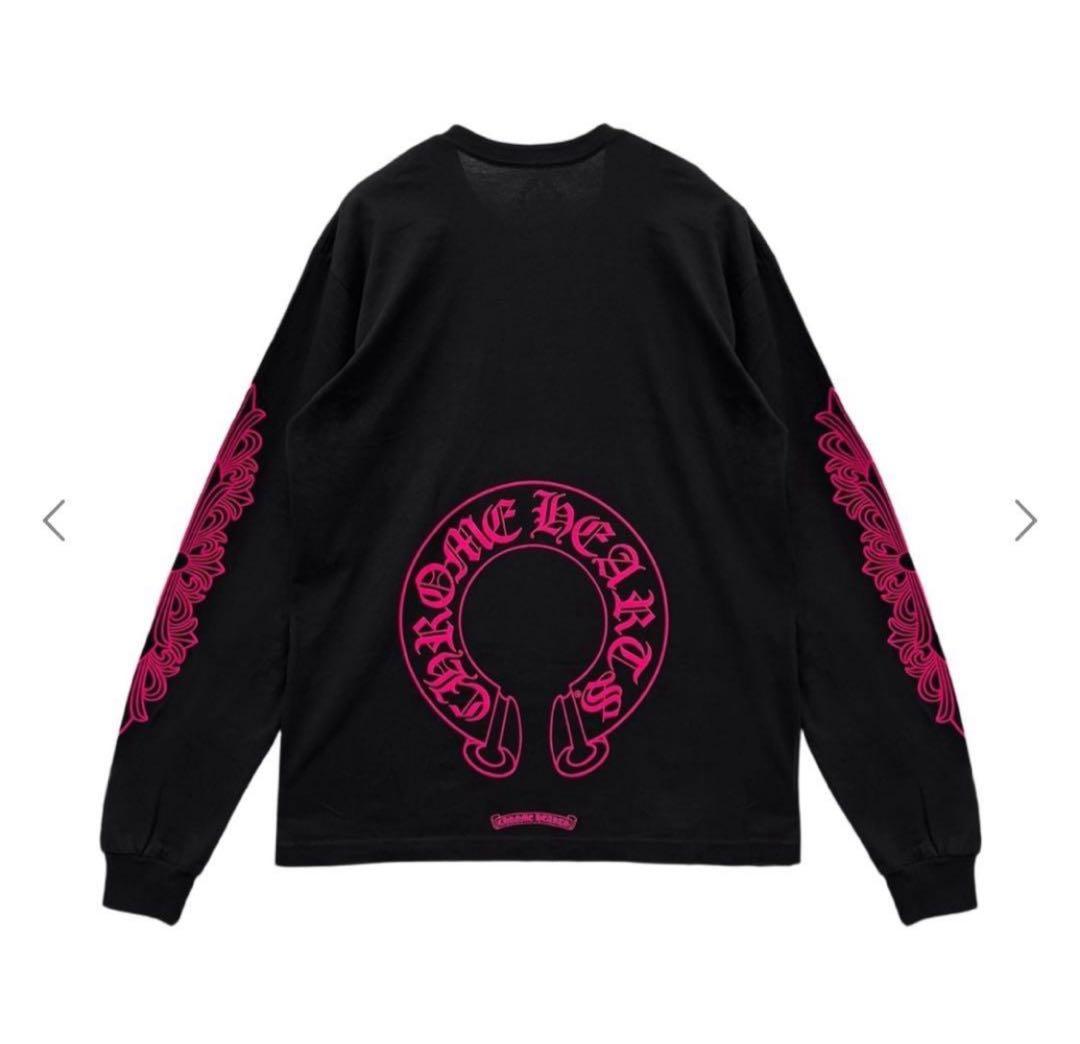 【新作】LクロムハーツロンT 袖フローラル ホースシュー 長袖 ピンク