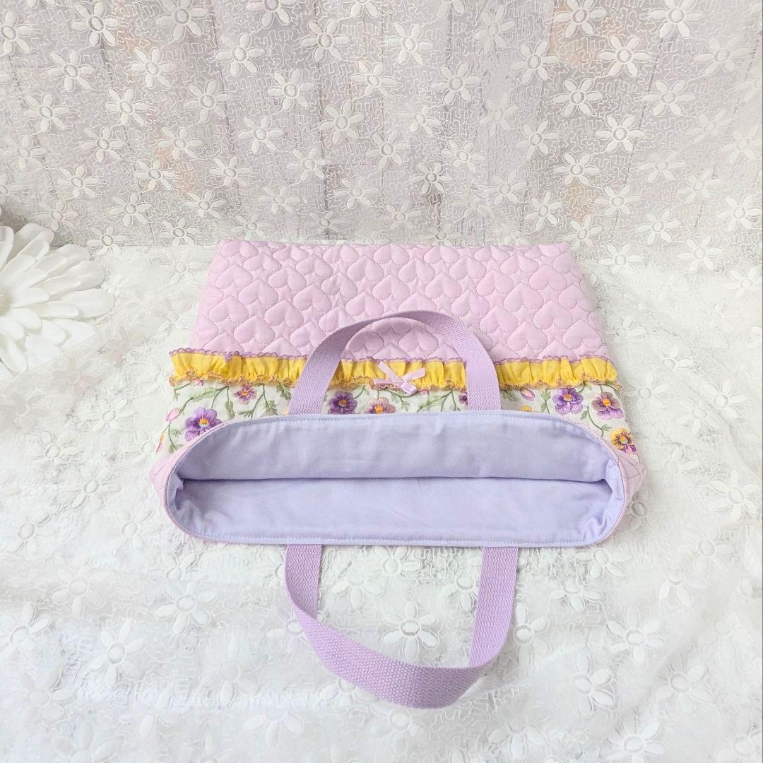 レッスンバッグ　手提げ　ハートキルト　パンジー刺繍リボン