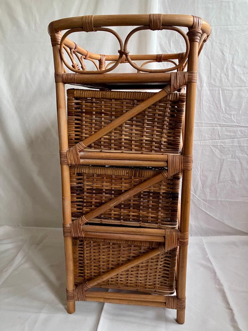 ✅国産ビンテージ✅ラタン引き出し３段ボックス/珍しい脱衣籠タイプ