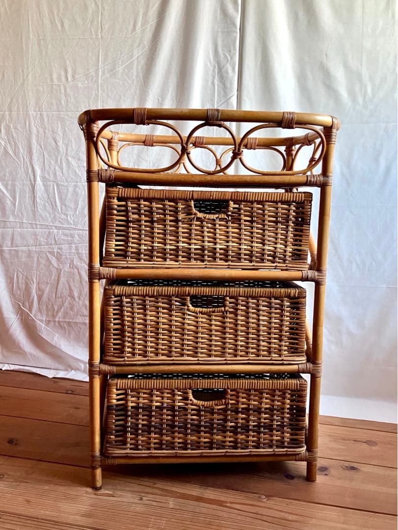 ✅国産ビンテージ✅ラタン引き出し３段ボックス/珍しい脱衣籠タイプ