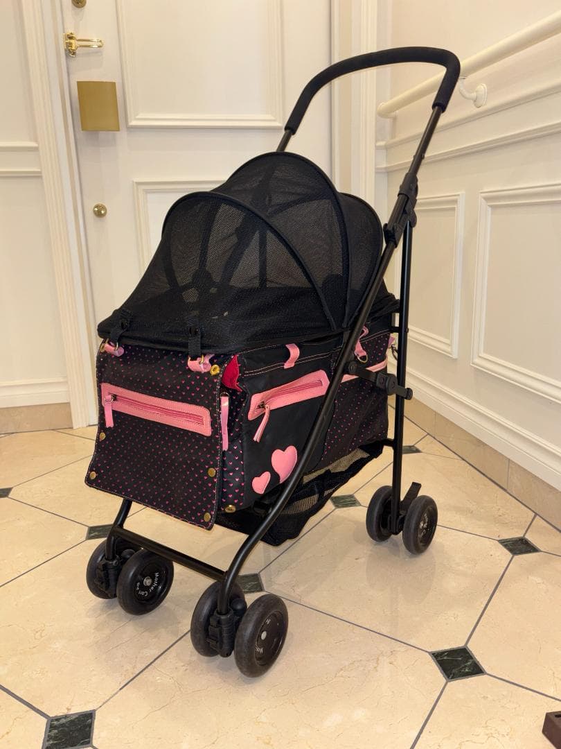 ペットカート ブラック ピンク ハート柄