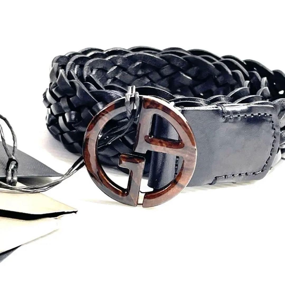 未使用ジョルジオアルマーニ　メッシュレザー　ロゴバックルベルト　黒