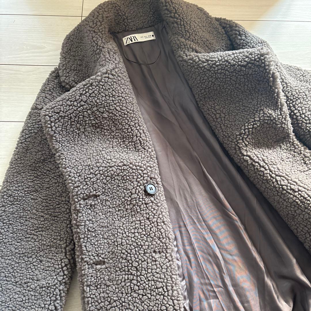 トモピン 　ZARA ボアダブルブレストロングコート グレー