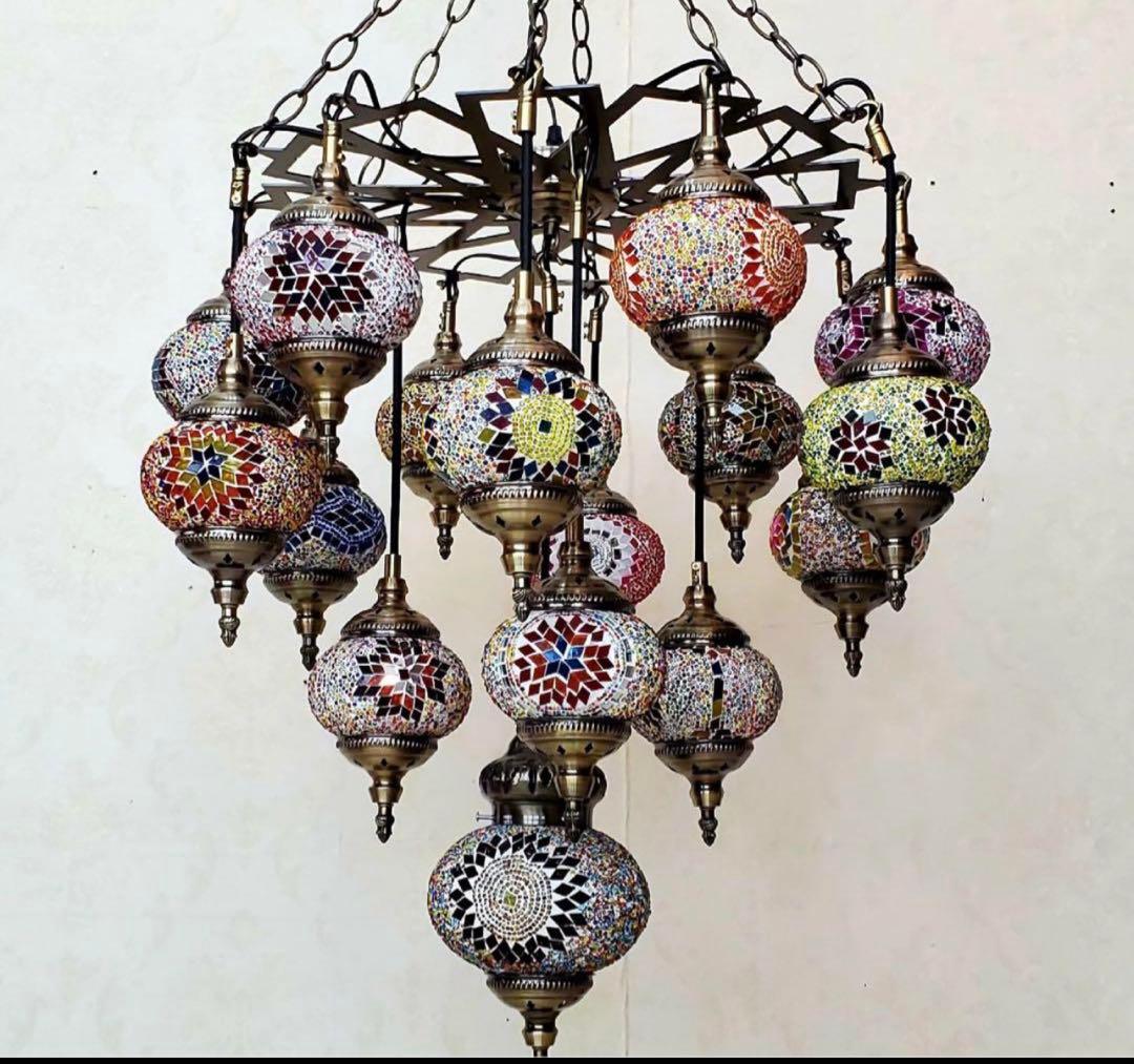 ガラス工芸品 天井照明トルコランプ職人手作りカラーガラス飾り16灯