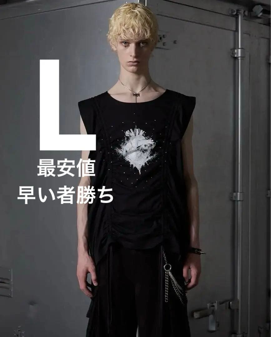 GRANCYシャーリングデザインラインストーングラフィックノースリーブT 黒 L