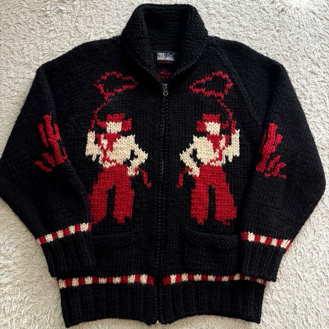 ★希少★ FIRST DOWN カウチンニット ジップアップ 黒 カウボーイ柄