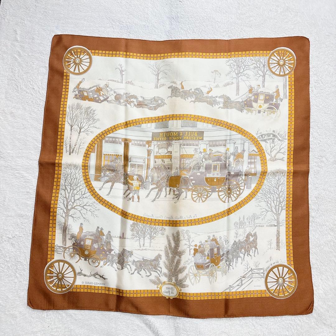 【極美品】エルメス カレ90 冬の郵便馬車 シルクスカーフ ブラウン系