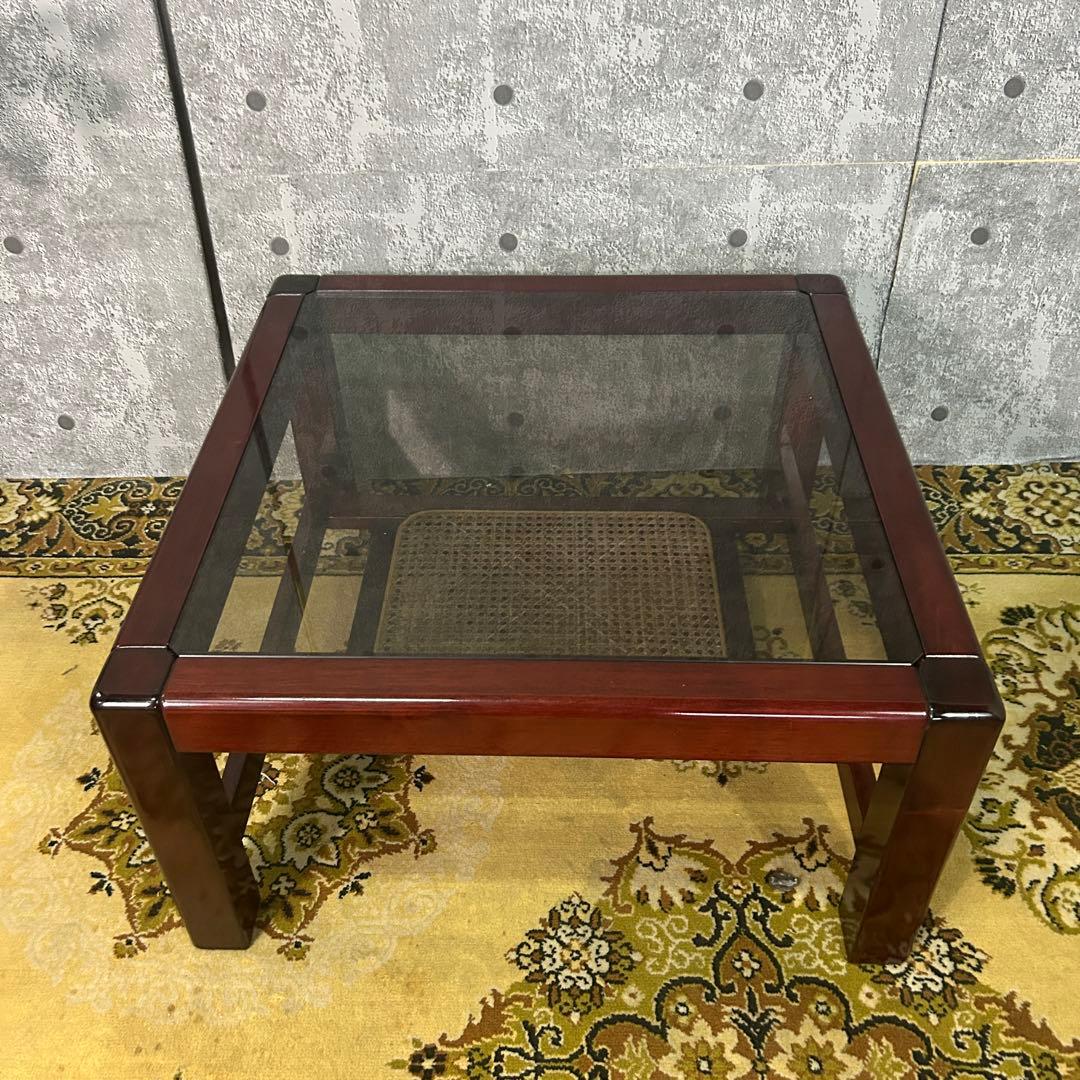 ꧁昭和レトロ꧂ラタン収納スペース付スクエアガラステーブル 机 籐 センター ロー