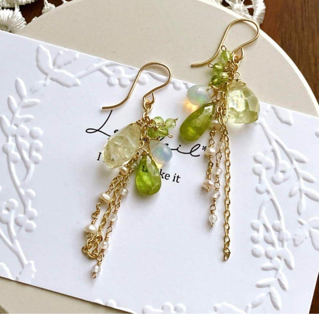 マルモ◆ラフカット✧インカローズ×淡水パールアシンメトリーピアス